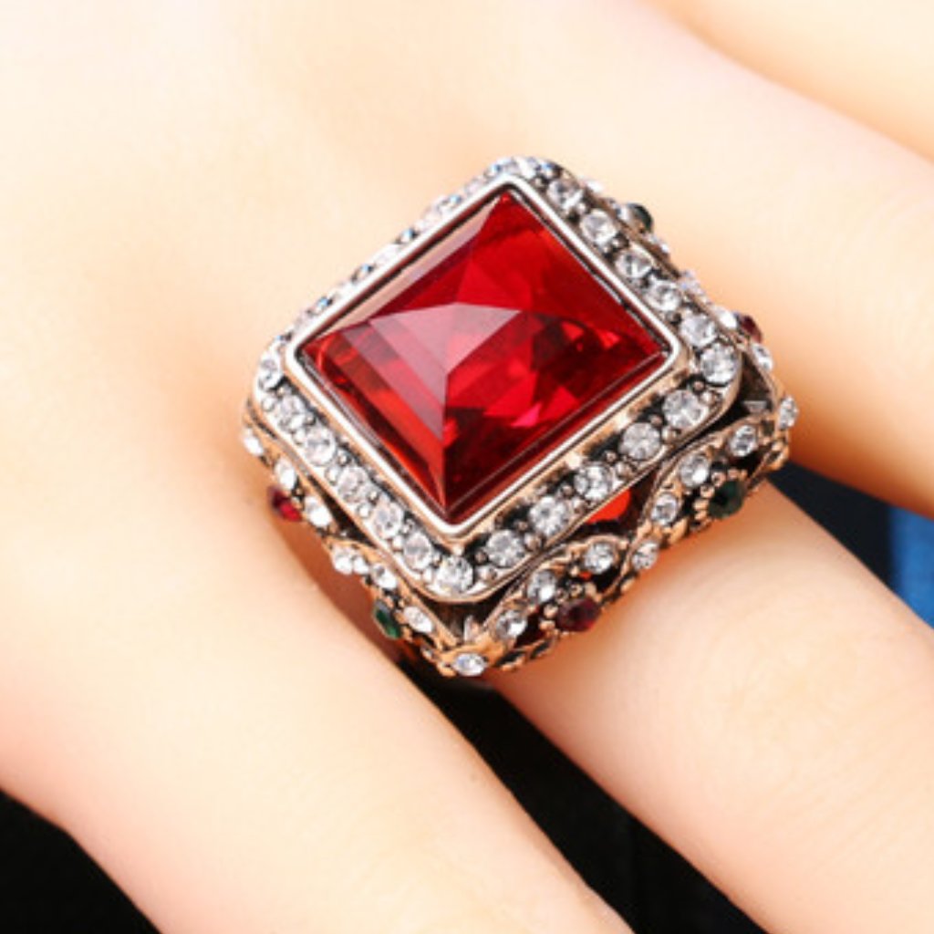 Luxury Bohemian Style Big Square Red Ring Vintage